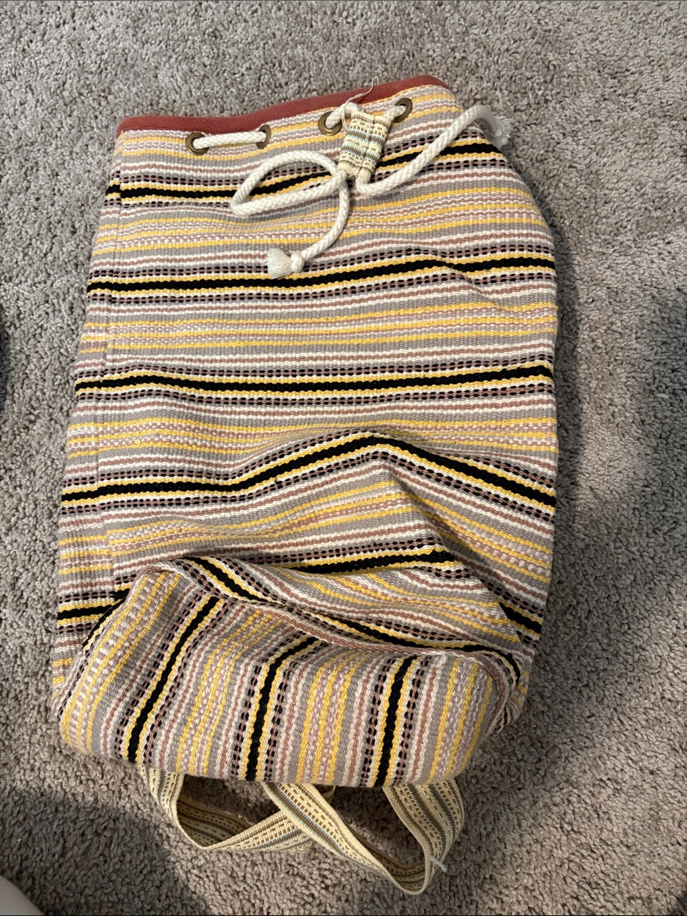 Striped Knit Drawstring Bookbag in Yellow, Black & Cream
